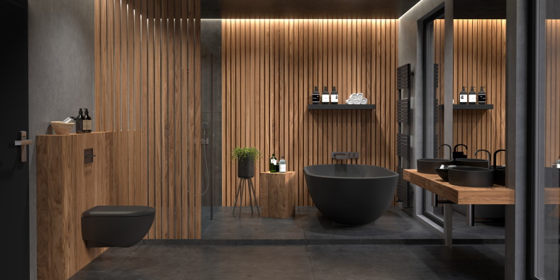 bagno nero con Rivestimenti in legno